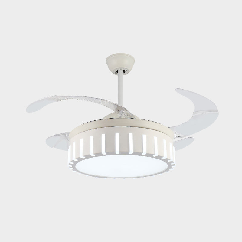 Simple Drum Semi Flush Ceiling Lamp Metal LED Pendant Fan Light in White with 4 Clear Blades for Bedroom, 42" Wide Clearhalo 'Ceiling Fans with Lights' 'Ceiling Fans' 'Modern Ceiling Fans' 'Modern' Lighting' 402804