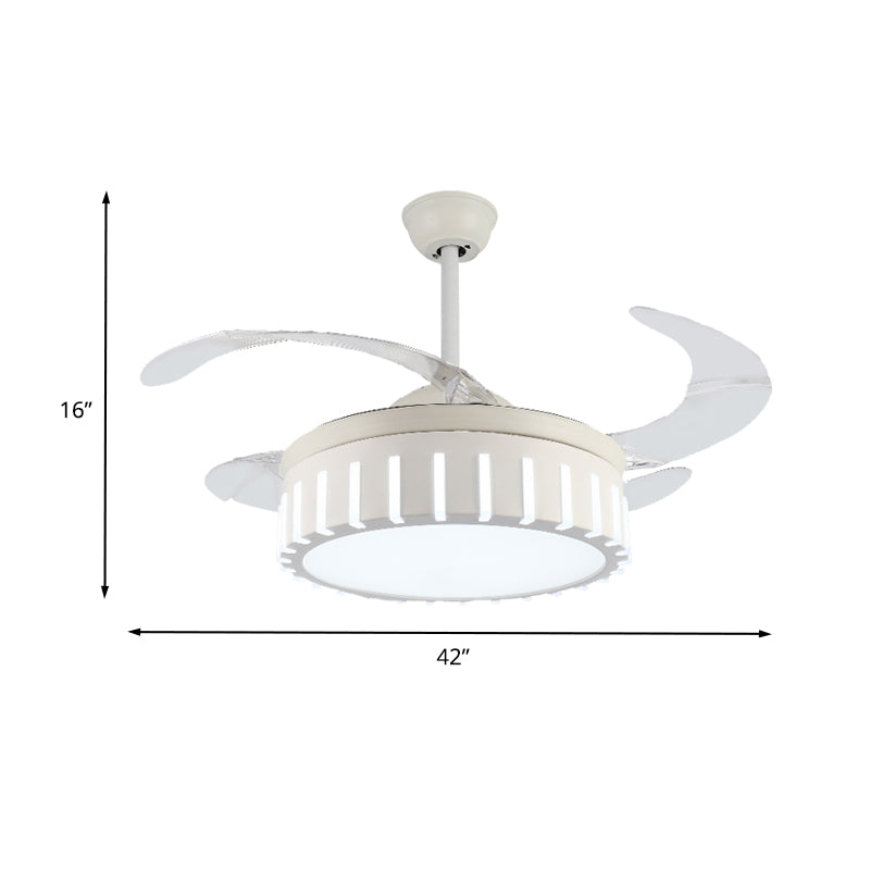 Simple Drum Semi Flush Ceiling Lamp Metal LED Pendant Fan Light in White with 4 Clear Blades for Bedroom, 42" Wide Clearhalo 'Ceiling Fans with Lights' 'Ceiling Fans' 'Modern Ceiling Fans' 'Modern' Lighting' 402805