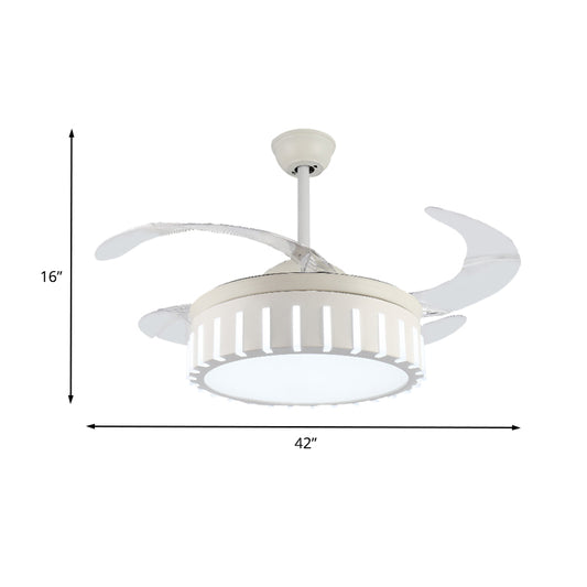 Simple Drum Semi Flush Ceiling Lamp Metal LED Pendant Fan Light in White with 4 Clear Blades for Bedroom, 42" Wide Clearhalo 'Ceiling Fans with Lights' 'Ceiling Fans' 'Modern Ceiling Fans' 'Modern' Lighting' 402805
