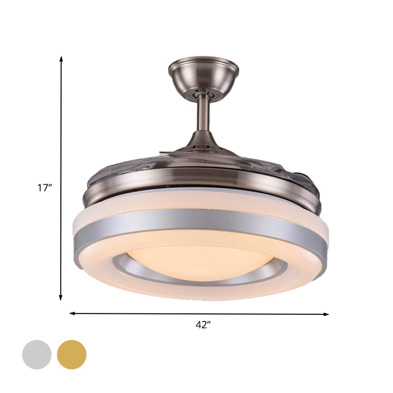 Silver/Gold LED Semi Flush Mount Light Modern Metal Round 4 Blades Hanging Fan Lamp Fixture with Remote Control, 36"/42" Wide Clearhalo 'Ceiling Fans with Lights' 'Ceiling Fans' 'Modern Ceiling Fans' 'Modern' Lighting' 402821