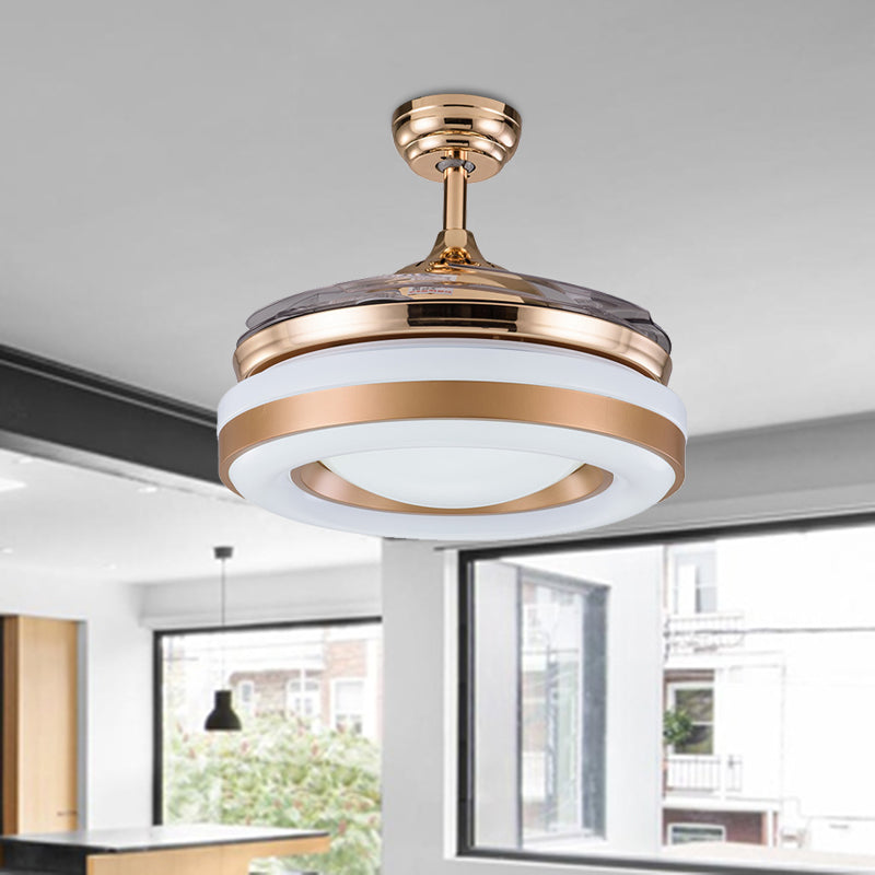 Silver/Gold LED Semi Flush Mount Light Modern Metal Round 4 Blades Hanging Fan Lamp Fixture with Remote Control, 36"/42" Wide Clearhalo 'Ceiling Fans with Lights' 'Ceiling Fans' 'Modern Ceiling Fans' 'Modern' Lighting' 402823