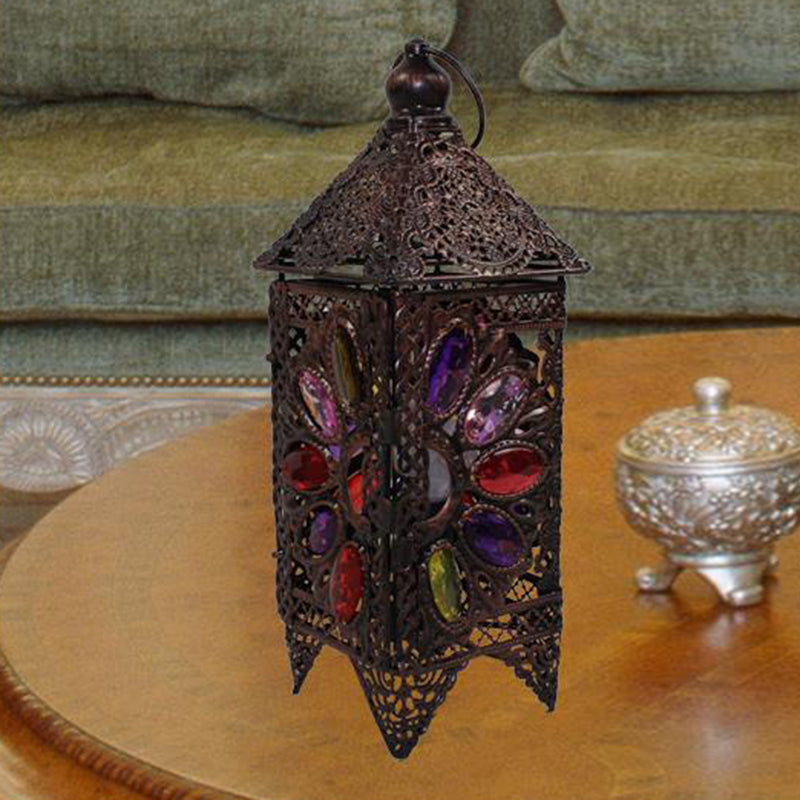 Bohemian Lantern Night Table Lamp 1 Bulb Metal Nightstand Lighting in Purple/Red for Living Room Red Clearhalo 'Lamps' 'Table Lamps' Lighting' 403008
