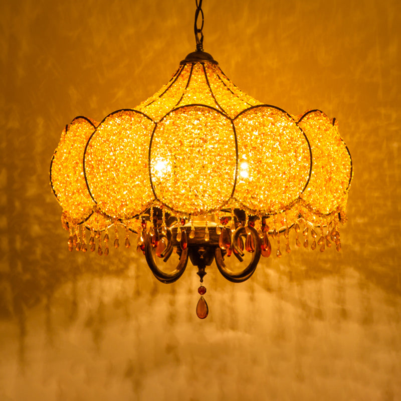Scalloped Restaurant Chandelier Lighting Bohemian Metal 4 Bulbs Pink/Yellow Pendant Light Fixture Clearhalo 'Ceiling Lights' 'Chandeliers' Lighting' options 403108