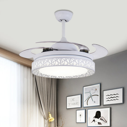 Round Bedroom Fan Lamp Contemporary Metal LED 36" W White Semi Flush Light Fixture with 4 Blades, Remote/Wall Control/Remote and Wall Control White Clearhalo 'Ceiling Fans with Lights' 'Ceiling Fans' 'Modern Ceiling Fans' 'Modern' Lighting' 403168