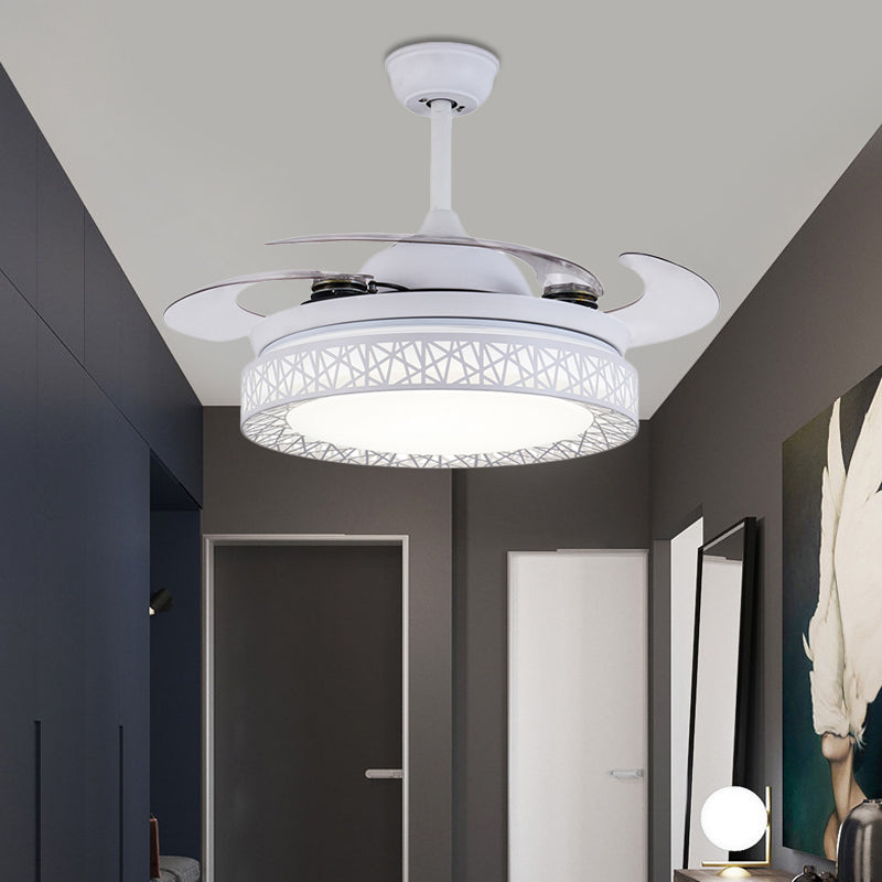 Round Bedroom Fan Lamp Contemporary Metal LED 36" W White Semi Flush Light Fixture with 4 Blades, Remote/Wall Control/Remote and Wall Control Clearhalo 'Ceiling Fans with Lights' 'Ceiling Fans' 'Modern Ceiling Fans' 'Modern' Lighting' 403170