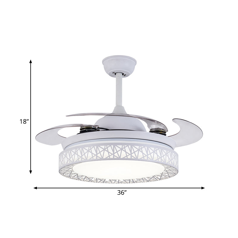 Round Bedroom Fan Lamp Contemporary Metal LED 36" W White Semi Flush Light Fixture with 4 Blades, Remote/Wall Control/Remote and Wall Control Clearhalo 'Ceiling Fans with Lights' 'Ceiling Fans' 'Modern Ceiling Fans' 'Modern' Lighting' 403172