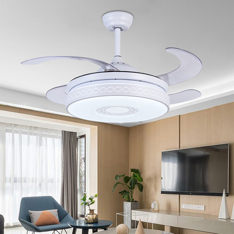 Acrylic Circle Pendant Fan Lighting Contemporary LED 36" W Living Room Semi Flush Light in White with 4 Blades, Remote/Wall Control/Remote and Wall Control White Clearhalo 'Ceiling Fans with Lights' 'Ceiling Fans' 'Modern Ceiling Fans' 'Modern' Lighting' 403263