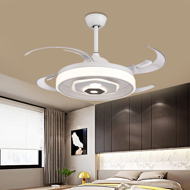 LED Ceiling Fan Lighting Simple Bedroom Semi Flush Light Fixture with Round Acrylic Shade in White with 4 Clear Blades, 42" W White Clearhalo 'Ceiling Fans with Lights' 'Ceiling Fans' 'Modern Ceiling Fans' 'Modern' Lighting' 403293
