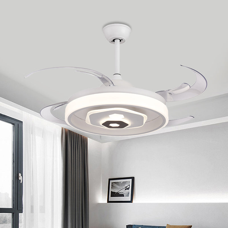 LED Ceiling Fan Lighting Simple Bedroom Semi Flush Light Fixture with Round Acrylic Shade in White with 4 Clear Blades, 42" W Clearhalo 'Ceiling Fans with Lights' 'Ceiling Fans' 'Modern Ceiling Fans' 'Modern' Lighting' 403294