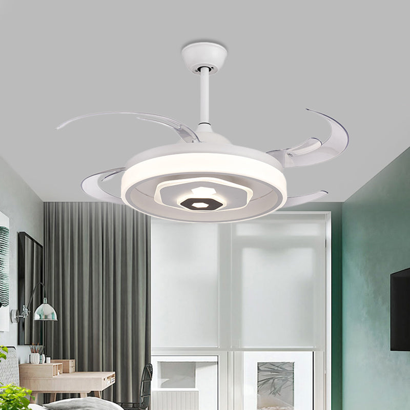 LED Ceiling Fan Lighting Simple Bedroom Semi Flush Light Fixture with Round Acrylic Shade in White with 4 Clear Blades, 42" W Clearhalo 'Ceiling Fans with Lights' 'Ceiling Fans' 'Modern Ceiling Fans' 'Modern' Lighting' 403295