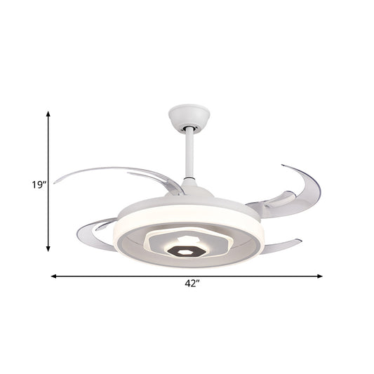 LED Ceiling Fan Lighting Simple Bedroom Semi Flush Light Fixture with Round Acrylic Shade in White with 4 Clear Blades, 42" W Clearhalo 'Ceiling Fans with Lights' 'Ceiling Fans' 'Modern Ceiling Fans' 'Modern' Lighting' 403297