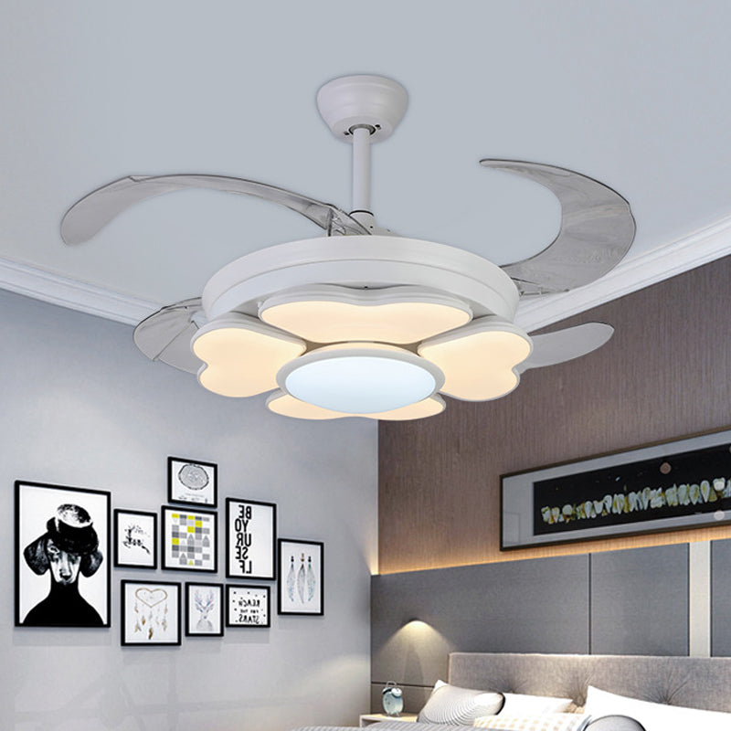 42" W LED Acrylic Hanging Fan Lamp Nordic White Ring Bedroom Semi Flush Mount Light Fixture with 4 Blades, Remote/Wall Control/Remote and Wall Control White Clearhalo 'Ceiling Fans with Lights' 'Ceiling Fans' 'Modern Ceiling Fans' 'Modern' Lighting' 403308