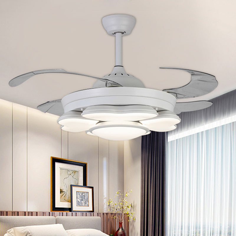 42" W LED Acrylic Hanging Fan Lamp Nordic White Ring Bedroom Semi Flush Mount Light Fixture with 4 Blades, Remote/Wall Control/Remote and Wall Control Clearhalo 'Ceiling Fans with Lights' 'Ceiling Fans' 'Modern Ceiling Fans' 'Modern' Lighting' 403309