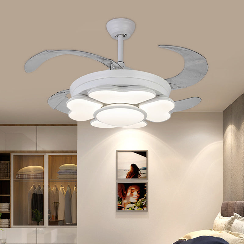 42" W LED Acrylic Hanging Fan Lamp Nordic White Ring Bedroom Semi Flush Mount Light Fixture with 4 Blades, Remote/Wall Control/Remote and Wall Control Clearhalo 'Ceiling Fans with Lights' 'Ceiling Fans' 'Modern Ceiling Fans' 'Modern' Lighting' 403310