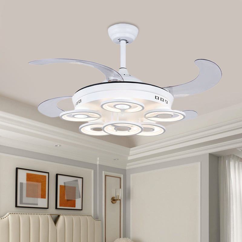 Circle Acrylic Pendant Fan Lamp Nordic LED Bedroom Semi Flush Mount Lighting in White with 4 Clear Blades, 42" Width White Clearhalo 'Ceiling Fans with Lights' 'Ceiling Fans' 'Modern Ceiling Fans' 'Modern' Lighting' 403313