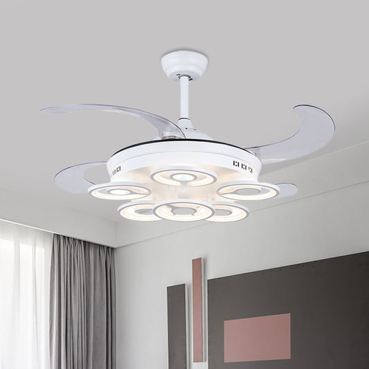 Circle Acrylic Pendant Fan Lamp Nordic LED Bedroom Semi Flush Mount Lighting in White with 4 Clear Blades, 42" Width Clearhalo 'Ceiling Fans with Lights' 'Ceiling Fans' 'Modern Ceiling Fans' 'Modern' Lighting' 403314