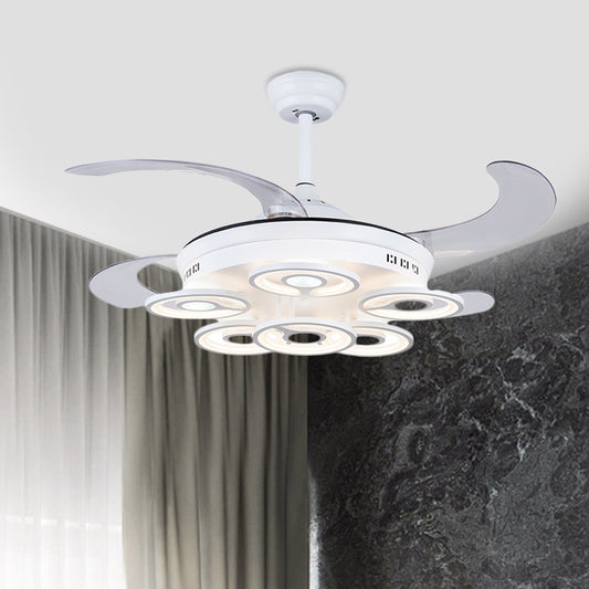 Circle Acrylic Pendant Fan Lamp Nordic LED Bedroom Semi Flush Mount Lighting in White with 4 Clear Blades, 42" Width Clearhalo 'Ceiling Fans with Lights' 'Ceiling Fans' 'Modern Ceiling Fans' 'Modern' Lighting' 403315