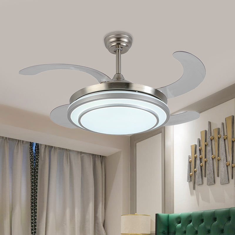 36" W Nickle Circle Pendant Fan Lighting Modern Metal LED Bedroom Semi Flush Mount Light with 4 Blades, Remote Control/Frequency Conversion and Remote Control Clearhalo 'Ceiling Fans with Lights' 'Ceiling Fans' 'Modern Ceiling Fans' 'Modern' Lighting' 403320
