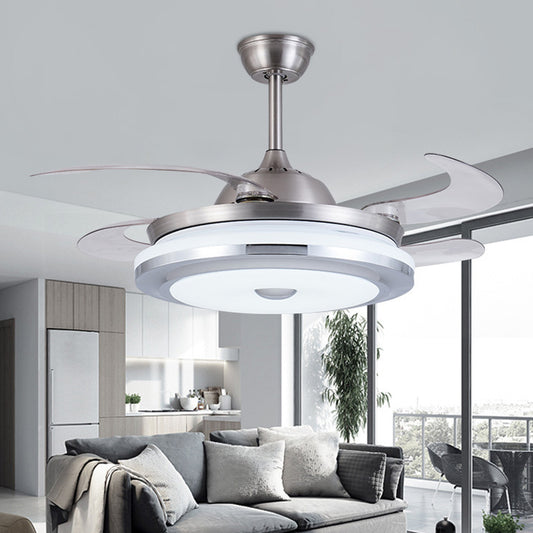 Metal Round Fan Light Modern 36" W LED Living Room Semi Flush Mount Lighting in Silver with 4 Blades, Remote/Wall Control/Remote and Wall Control Clearhalo 'Ceiling Fans with Lights' 'Ceiling Fans' 'Modern Ceiling Fans' 'Modern' Lighting' 403324