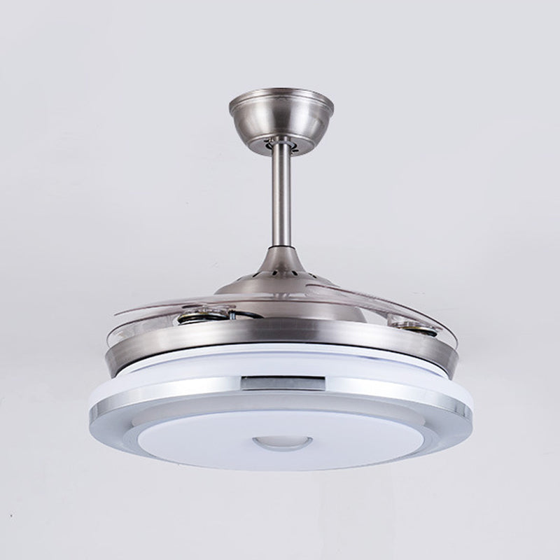 Metal Round Fan Light Modern 36" W LED Living Room Semi Flush Mount Lighting in Silver with 4 Blades, Remote/Wall Control/Remote and Wall Control Clearhalo 'Ceiling Fans with Lights' 'Ceiling Fans' 'Modern Ceiling Fans' 'Modern' Lighting' 403326