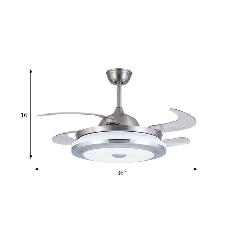 Metal Round Fan Light Modern 36" W LED Living Room Semi Flush Mount Lighting in Silver with 4 Blades, Remote/Wall Control/Remote and Wall Control Clearhalo 'Ceiling Fans with Lights' 'Ceiling Fans' 'Modern Ceiling Fans' 'Modern' Lighting' 403327