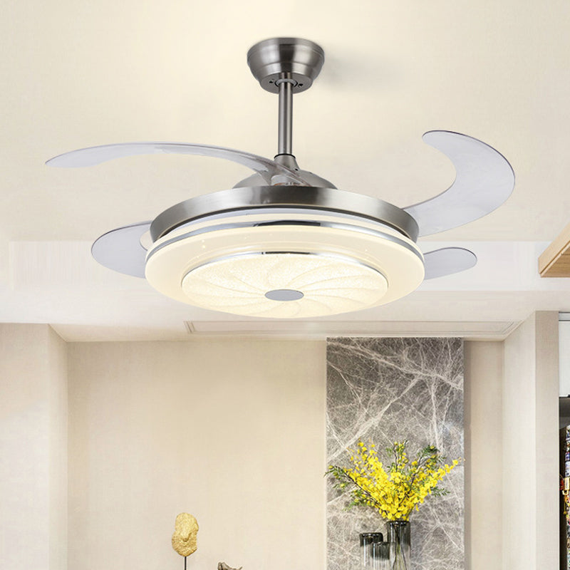 36" W Contemporary Circular Fan Lamp LED Metal Semi Mount Lighting in Silver with 4 Blades for Bedroom, Remote/Wall Control/Remote and Wall Control Clearhalo 'Ceiling Fans with Lights' 'Ceiling Fans' 'Modern Ceiling Fans' 'Modern' Lighting' 403329
