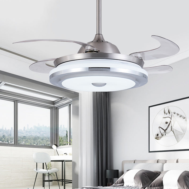 Circle Acrylic Ceiling Fan Light Modernist 36" W LED Living Room Semi Flush Mount in Silver with 4 Blades, Remote/Wall Control/Remote and Wall Control Silver Clearhalo 'Ceiling Fans with Lights' 'Ceiling Fans' 'Modern Ceiling Fans' 'Modern' Lighting' 403338