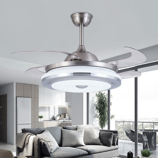 Circle Acrylic Ceiling Fan Light Modernist 36" W LED Living Room Semi Flush Mount in Silver with 4 Blades, Remote/Wall Control/Remote and Wall Control Clearhalo 'Ceiling Fans with Lights' 'Ceiling Fans' 'Modern Ceiling Fans' 'Modern' Lighting' 403339