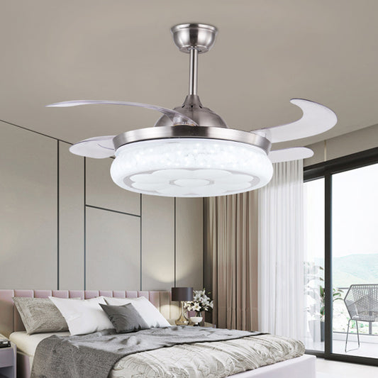 42" W Modernist Circle Hanging Fan Light LED Metal Semi Flush Mount Ceiling Fixture in Silver with 4 Blades, Remote Control/Remote and Wall Control/Frequency Conversion and Remote Control Silver Clearhalo 'Ceiling Fans with Lights' 'Ceiling Fans' 'Modern Ceiling Fans' 'Modern' Lighting' 403353