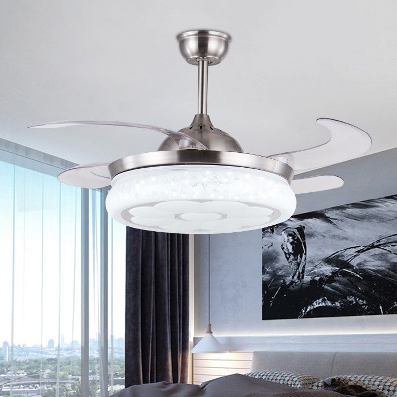 42" W Modernist Circle Hanging Fan Light LED Metal Semi Flush Mount Ceiling Fixture in Silver with 4 Blades, Remote Control/Remote and Wall Control/Frequency Conversion and Remote Control Clearhalo 'Ceiling Fans with Lights' 'Ceiling Fans' 'Modern Ceiling Fans' 'Modern' Lighting' 403354