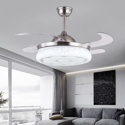 42" W Modernist Circle Hanging Fan Light LED Metal Semi Flush Mount Ceiling Fixture in Silver with 4 Blades, Remote Control/Remote and Wall Control/Frequency Conversion and Remote Control Clearhalo 'Ceiling Fans with Lights' 'Ceiling Fans' 'Modern Ceiling Fans' 'Modern' Lighting' 403355