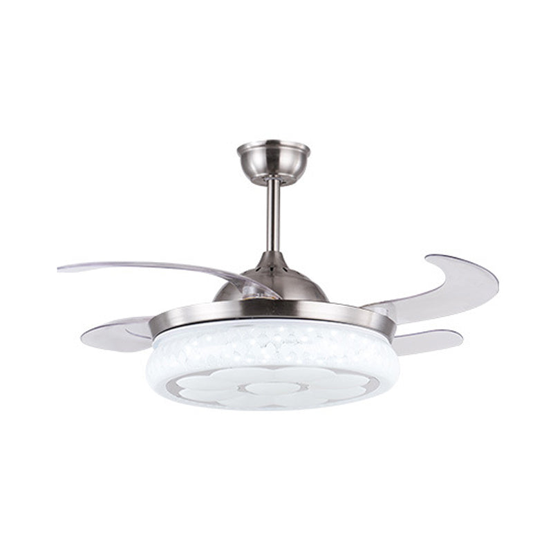 42" W Modernist Circle Hanging Fan Light LED Metal Semi Flush Mount Ceiling Fixture in Silver with 4 Blades, Remote Control/Remote and Wall Control/Frequency Conversion and Remote Control Clearhalo 'Ceiling Fans with Lights' 'Ceiling Fans' 'Modern Ceiling Fans' 'Modern' Lighting' 403356