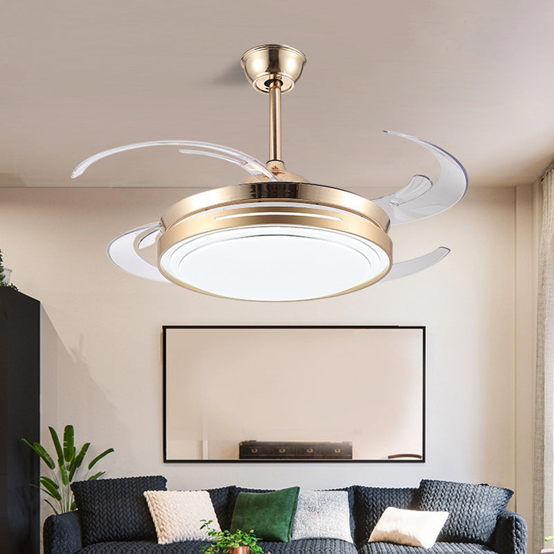 42" Wide LED Hanging Fan Lamp Modernism Living Room Semi Flush Mount Light Fixture with Circular Acrylic Shade in Gold, 4 Clear Blades Gold Clearhalo 'Ceiling Fans with Lights' 'Ceiling Fans' 'Modern Ceiling Fans' 'Modern' Lighting' 403358