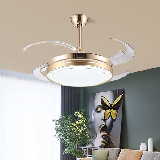 42" Wide LED Hanging Fan Lamp Modernism Living Room Semi Flush Mount Light Fixture with Circular Acrylic Shade in Gold, 4 Clear Blades Clearhalo 'Ceiling Fans with Lights' 'Ceiling Fans' 'Modern Ceiling Fans' 'Modern' Lighting' 403360