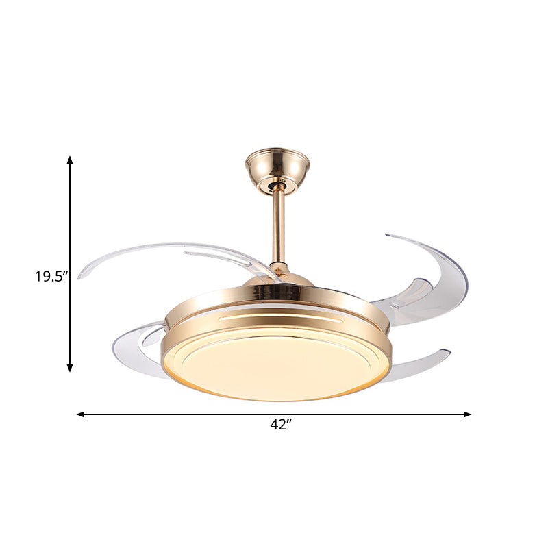 42" Wide LED Hanging Fan Lamp Modernism Living Room Semi Flush Mount Light Fixture with Circular Acrylic Shade in Gold, 4 Clear Blades Clearhalo 'Ceiling Fans with Lights' 'Ceiling Fans' 'Modern Ceiling Fans' 'Modern' Lighting' 403362