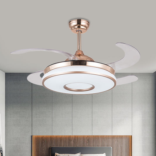 36" W Gold LED Pendant Fan Light Simplicity Acrylic Round Semi Flush Mount Lighting with 4 Blades for Bedroom, Remote/Wall Control/Remote and Wall Control Gold Clearhalo 'Ceiling Fans with Lights' 'Ceiling Fans' 'Modern Ceiling Fans' 'Modern' Lighting' 403368