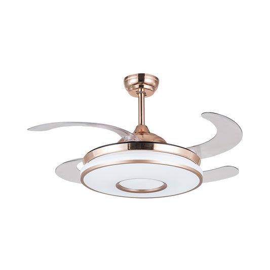 36" W Gold LED Pendant Fan Light Simplicity Acrylic Round Semi Flush Mount Lighting with 4 Blades for Bedroom, Remote/Wall Control/Remote and Wall Control Clearhalo 'Ceiling Fans with Lights' 'Ceiling Fans' 'Modern Ceiling Fans' 'Modern' Lighting' 403370
