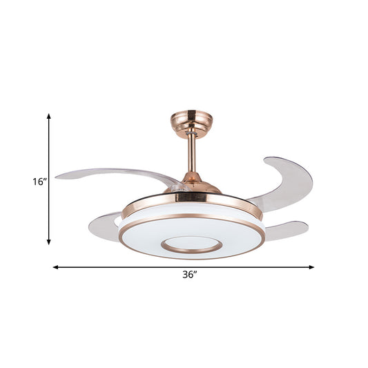 36" W Gold LED Pendant Fan Light Simplicity Acrylic Round Semi Flush Mount Lighting with 4 Blades for Bedroom, Remote/Wall Control/Remote and Wall Control Clearhalo 'Ceiling Fans with Lights' 'Ceiling Fans' 'Modern Ceiling Fans' 'Modern' Lighting' 403372