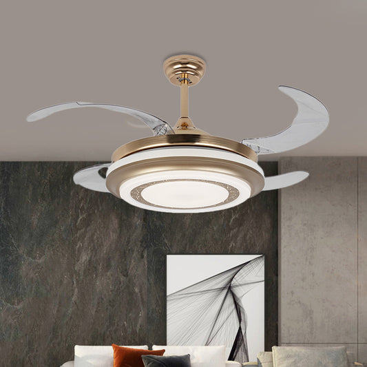 Metal Gold Pendant Fan Lighting Round 42" W LED Minimalism 4 Blades Semi Flush Light for Living Room, Remote/Wall Control/Remote and Wall Control Gold Clearhalo 'Ceiling Fans with Lights' 'Ceiling Fans' 'Modern Ceiling Fans' 'Modern' Lighting' 403373