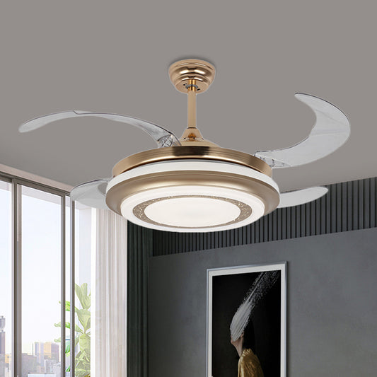 Metal Gold Pendant Fan Lighting Round 42" W LED Minimalism 4 Blades Semi Flush Light for Living Room, Remote/Wall Control/Remote and Wall Control Clearhalo 'Ceiling Fans with Lights' 'Ceiling Fans' 'Modern Ceiling Fans' 'Modern' Lighting' 403374