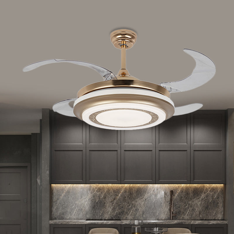 Metal Gold Pendant Fan Lighting Round 42" W LED Minimalism 4 Blades Semi Flush Light for Living Room, Remote/Wall Control/Remote and Wall Control Clearhalo 'Ceiling Fans with Lights' 'Ceiling Fans' 'Modern Ceiling Fans' 'Modern' Lighting' 403375