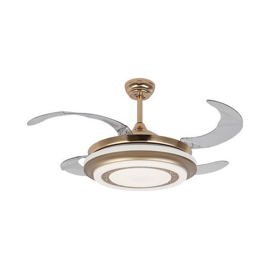 Metal Gold Pendant Fan Lighting Round 42" W LED Minimalism 4 Blades Semi Flush Light for Living Room, Remote/Wall Control/Remote and Wall Control Clearhalo 'Ceiling Fans with Lights' 'Ceiling Fans' 'Modern Ceiling Fans' 'Modern' Lighting' 403376