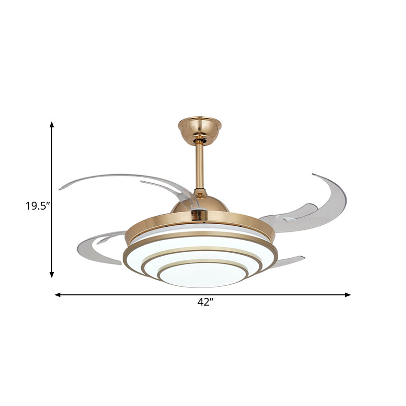 Minimalism Circle Fan Light LED Metal 4 Clear Blades Semi Flush Mount Ceiling Fixture in Gold for Living Room, 42" Width Clearhalo 'Ceiling Fans with Lights' 'Ceiling Fans' 'Modern Ceiling Fans' 'Modern' Lighting' 403382