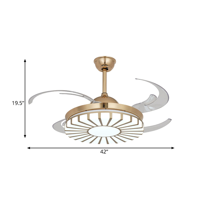 Gold LED Ceiling Fan Light Simplicity Acrylic Circular 4 Clear Blades Semi Flush Mount Lighting for Restaurant, 42" Wide Clearhalo 'Ceiling Fans with Lights' 'Ceiling Fans' 'Modern Ceiling Fans' 'Modern' Lighting' 403398