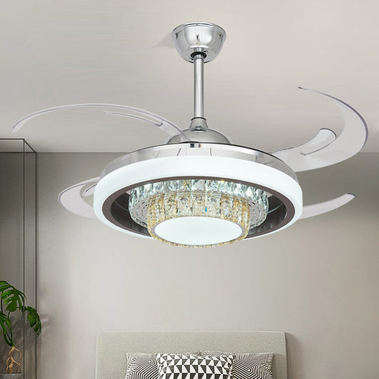 LED Metal Hanging Fan Light Modern Silver Round Living Room Semi Flush Mount Ceiling Fixture with 4 Clear Blades, 42" W Silver Clearhalo 'Ceiling Fans with Lights' 'Ceiling Fans' 'Modern Ceiling Fans' 'Modern' Lighting' 403409