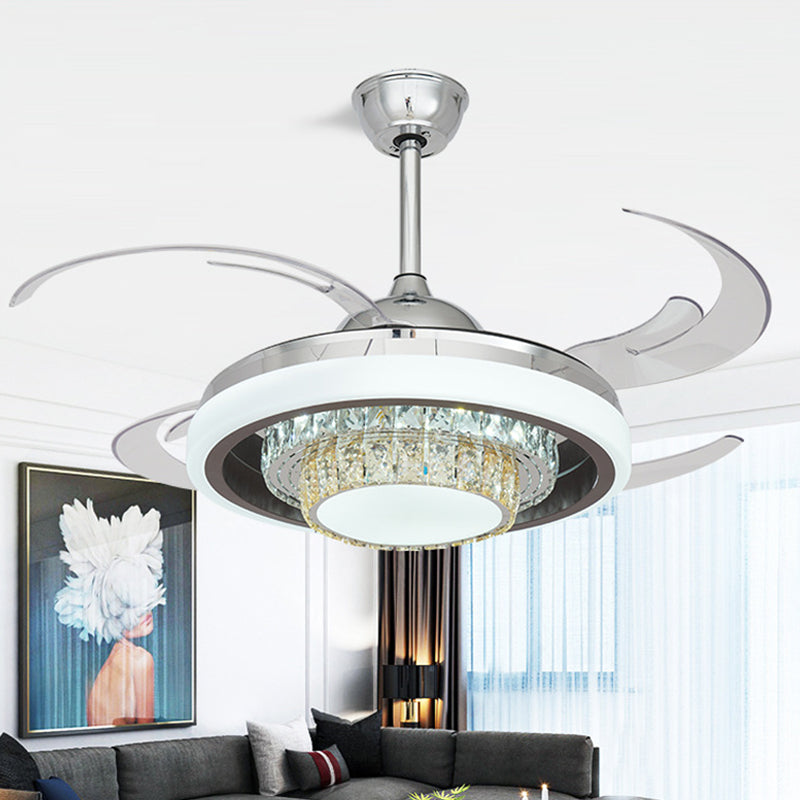 LED Metal Hanging Fan Light Modern Silver Round Living Room Semi Flush Mount Ceiling Fixture with 4 Clear Blades, 42" W Clearhalo 'Ceiling Fans with Lights' 'Ceiling Fans' 'Modern Ceiling Fans' 'Modern' Lighting' 403410