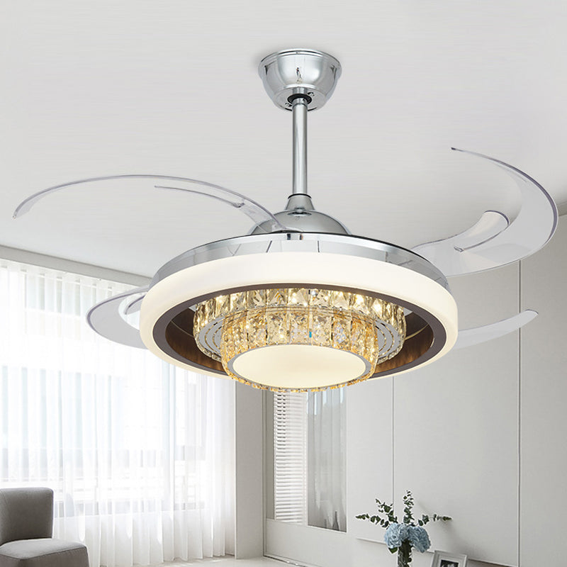 LED Metal Hanging Fan Light Modern Silver Round Living Room Semi Flush Mount Ceiling Fixture with 4 Clear Blades, 42" W Clearhalo 'Ceiling Fans with Lights' 'Ceiling Fans' 'Modern Ceiling Fans' 'Modern' Lighting' 403411