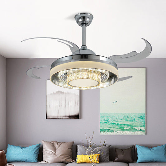 Round Acrylic Hanging Fan Lamp Modernist LED 42" W Living Room Semi Mount Lighting in Silver with Crystal Accent, 4 Clear Blades Silver Clearhalo 'Ceiling Fans with Lights' 'Ceiling Fans' 'Modern Ceiling Fans' 'Modern' Lighting' 403414