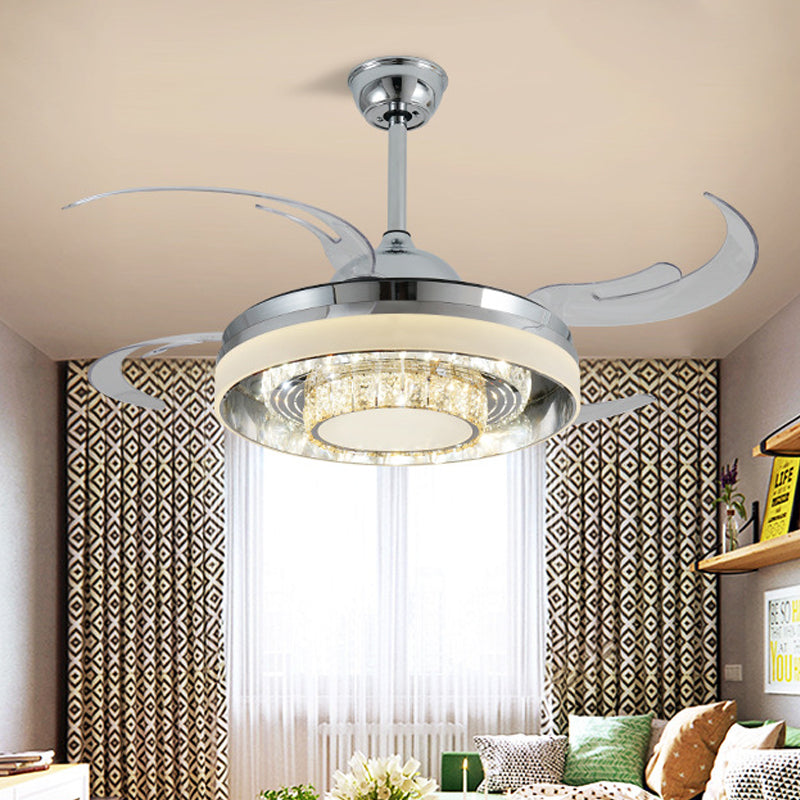 Round Acrylic Hanging Fan Lamp Modernist LED 42" W Living Room Semi Mount Lighting in Silver with Crystal Accent, 4 Clear Blades Clearhalo 'Ceiling Fans with Lights' 'Ceiling Fans' 'Modern Ceiling Fans' 'Modern' Lighting' 403415