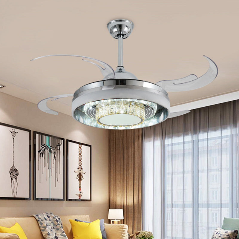Round Acrylic Hanging Fan Lamp Modernist LED 42" W Living Room Semi Mount Lighting in Silver with Crystal Accent, 4 Clear Blades Clearhalo 'Ceiling Fans with Lights' 'Ceiling Fans' 'Modern Ceiling Fans' 'Modern' Lighting' 403416